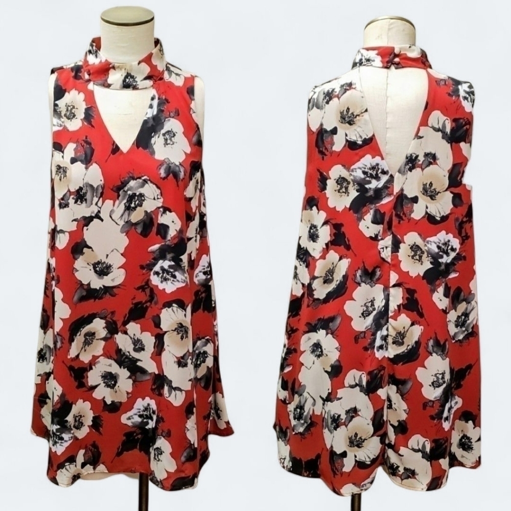 Fab'rik Red Floral Sleeveless Dress front and back cutout Size Small